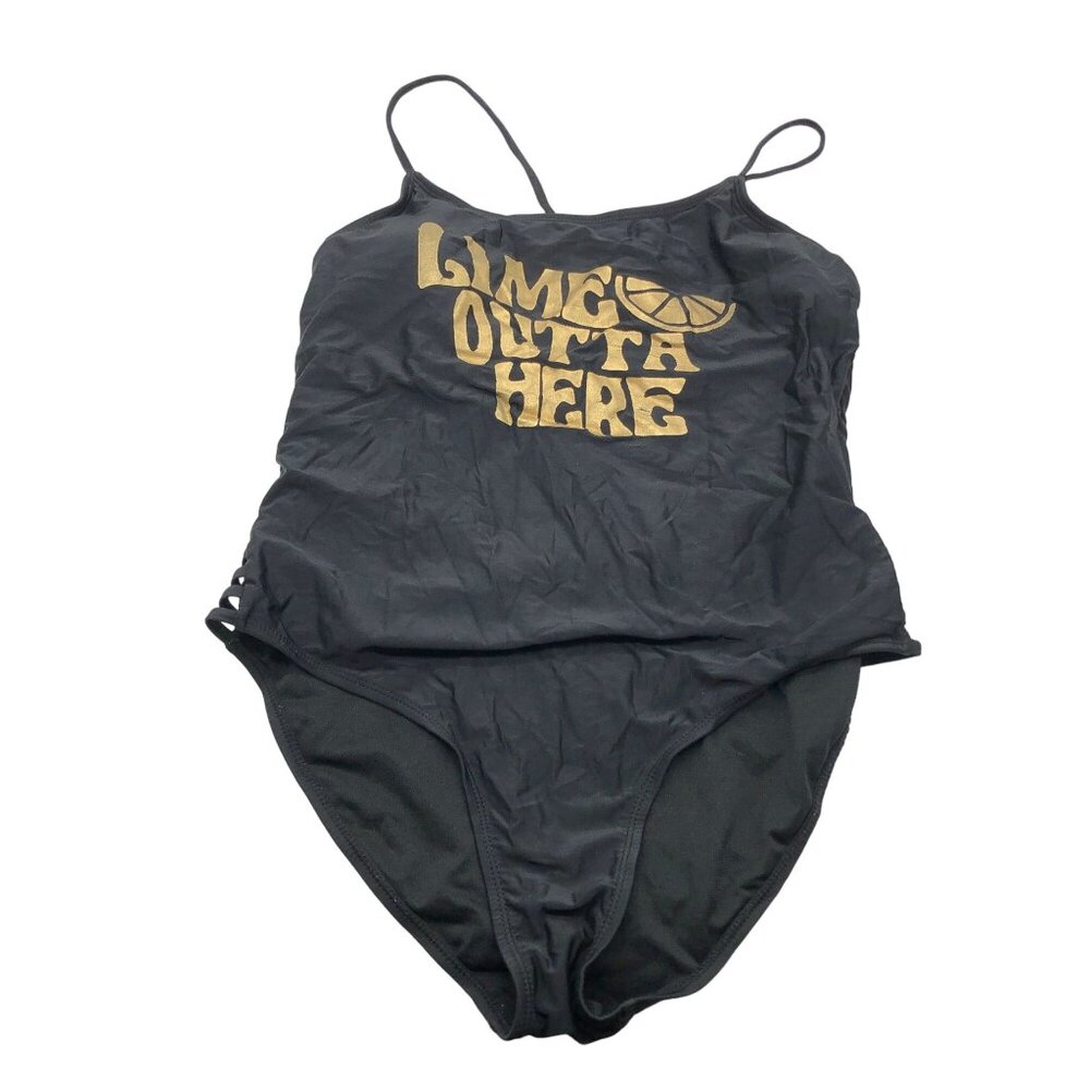 No Boundaries Lime Outta Here One-Piece Swimsuit Removable Cups Black L